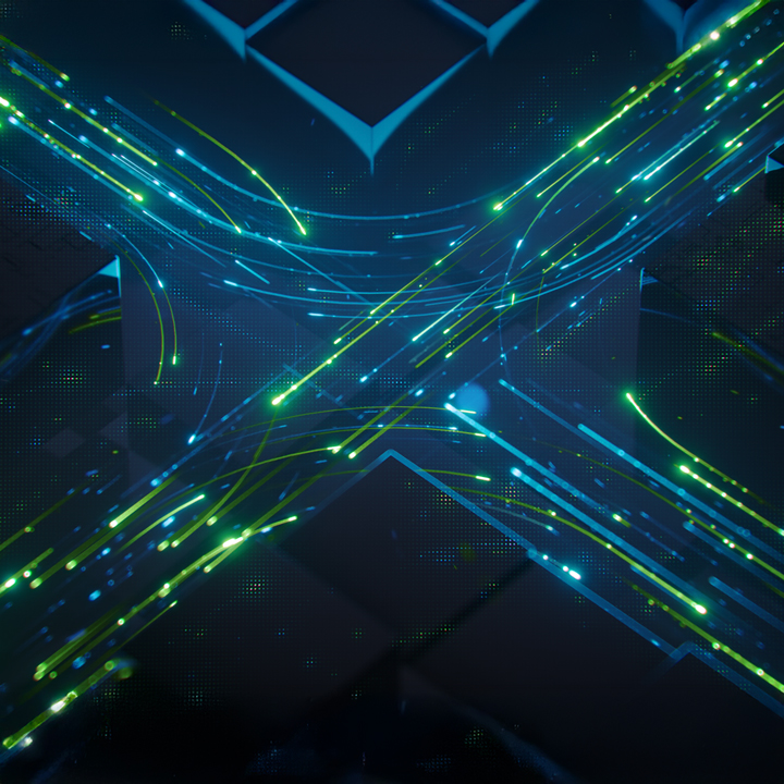 Transfer digital data. Blue and green glow light trails. 3D render illustration