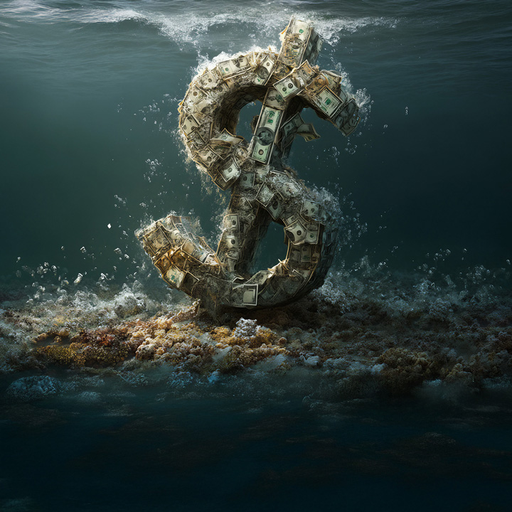 Close up US Dollar sinking in water as symbol of global economic and financial crisis and recession. 