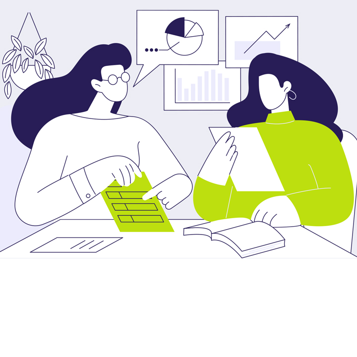 Illustration of two women working together. One is pointing a document with charts and graphs.