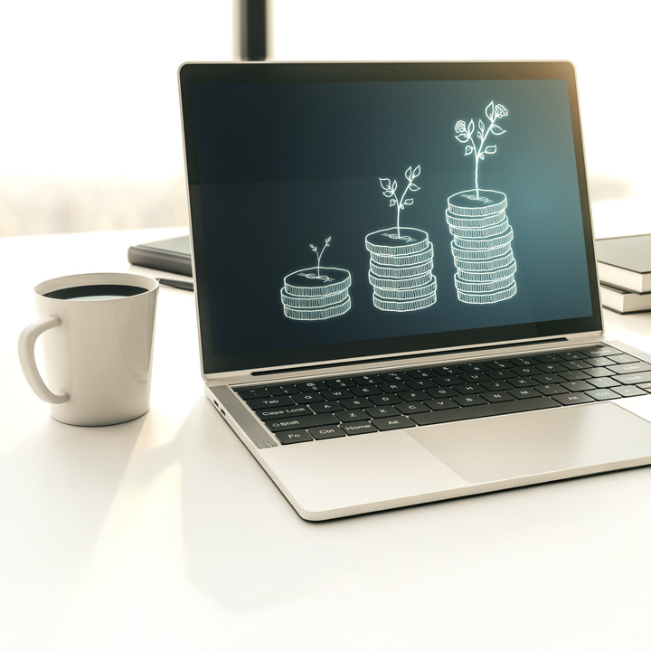 Creative abstract money savings sketch on modern laptop monitor, accumulation and growth of money concept. 3D Rendering