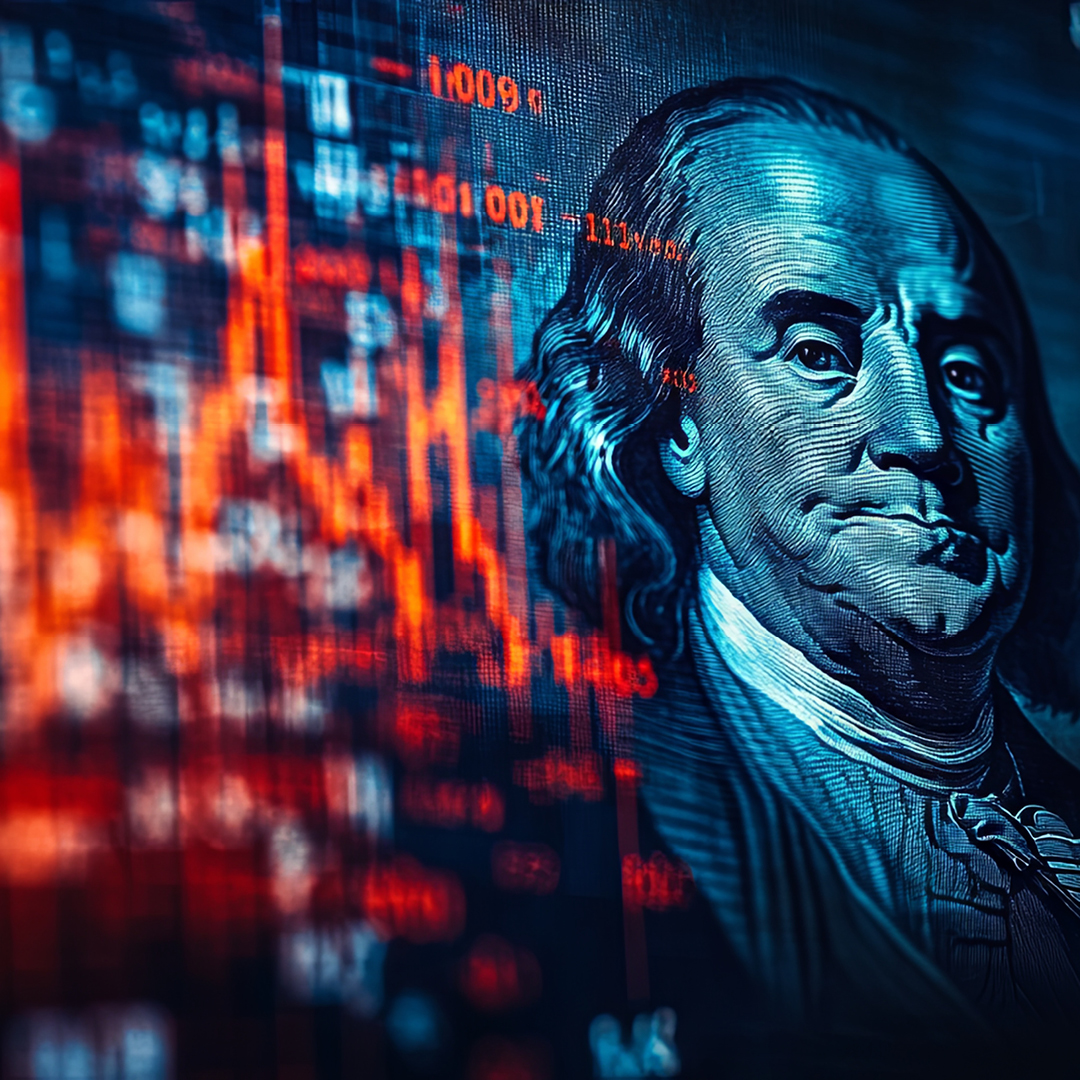  Graphs next to Franklin's portrait, concept of economists' predictions