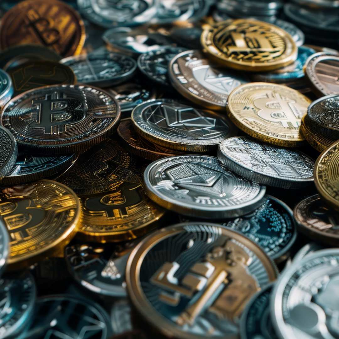 A pile of various cryptocurrencies represented by physical coins