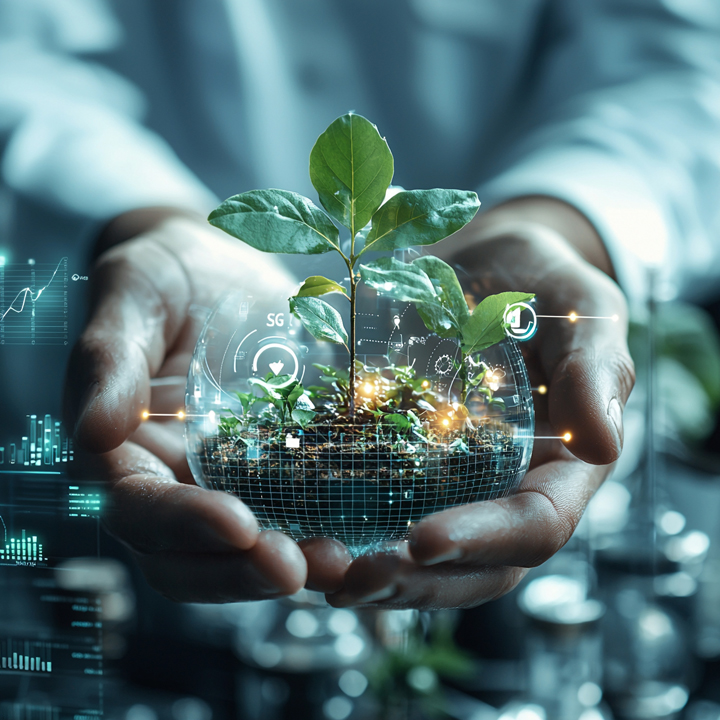 Ai-generated business vision hands holding glowing sapling in futuristic environment for sustainable growth