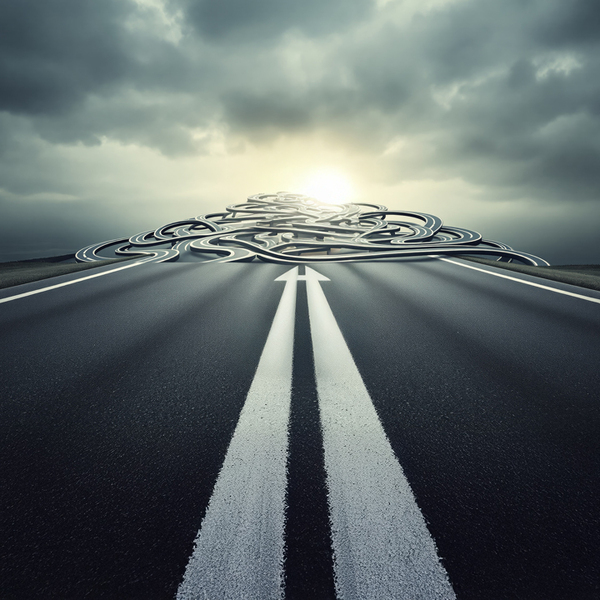 Chaotic network of roads under a cloudy sky background, concept of business decisions and uncertainty