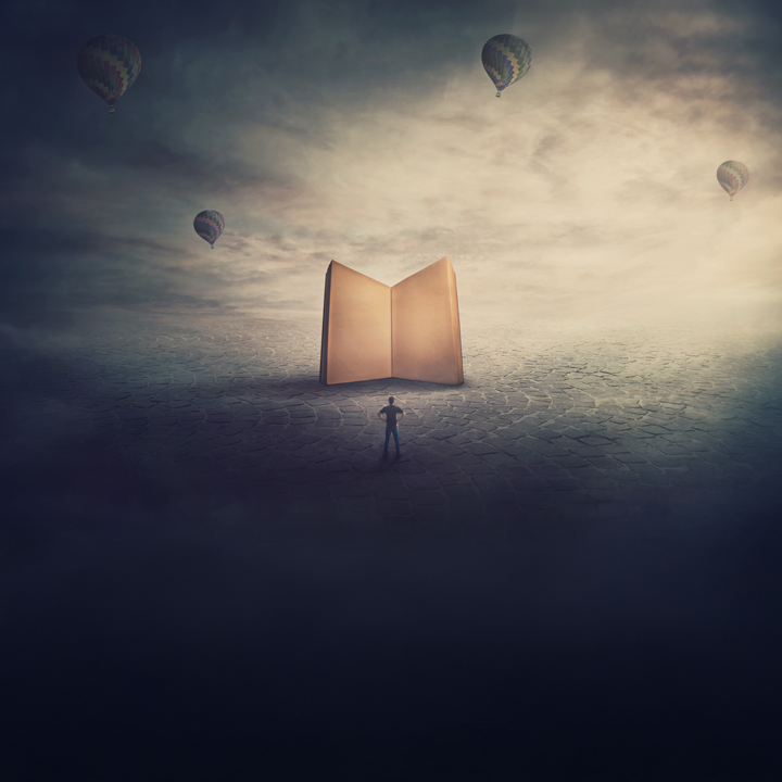 Surreal scene, imaginary world, tiny man stands in front of a giant opened book with empty blank pages. Education concept, the magic and fantasy of a story teller. Knowledge and wisdom symbol.